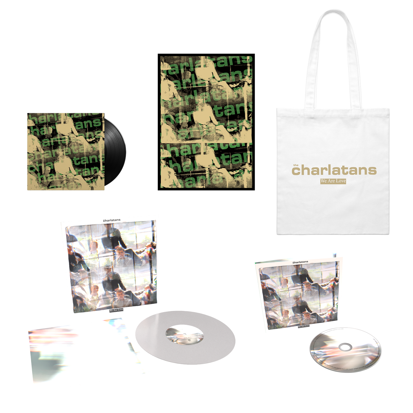 Music product bundle with clear LP, 7" single, CD, and a tote bag featuring 'charlatans' branding.