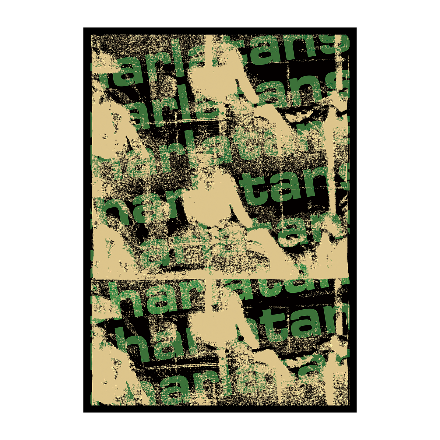 Collage with repeated text and abstract shapes on a black background