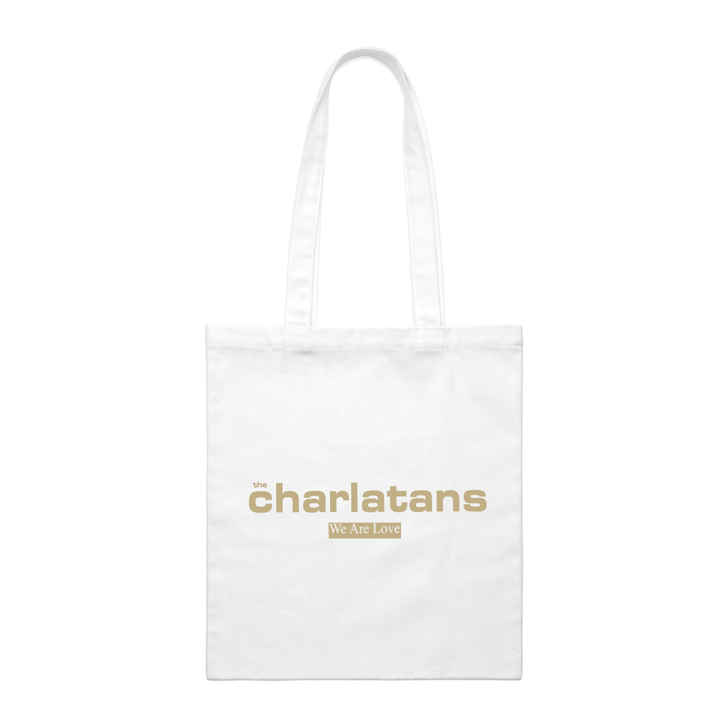 White tote bag with 'charlatans' logo on a white background