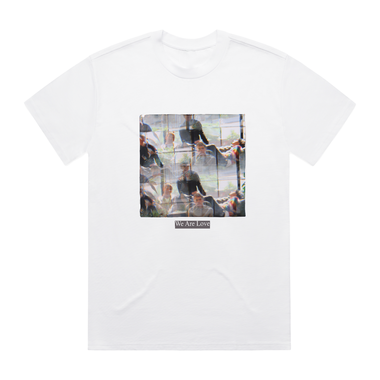 White t-shirt with a graphic design on a white background