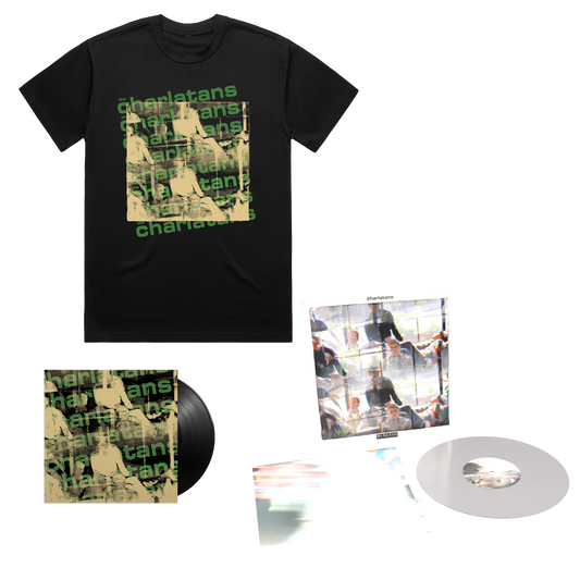 Black t-shirt with graphic design 7" single and clear LP