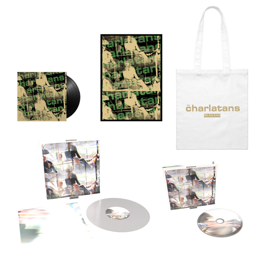 Music product bundle with clear LP, 7" single, CD, and a tote bag featuring 'charlatans' branding.