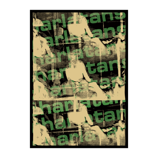 Collage with repeated text and abstract shapes on a black background