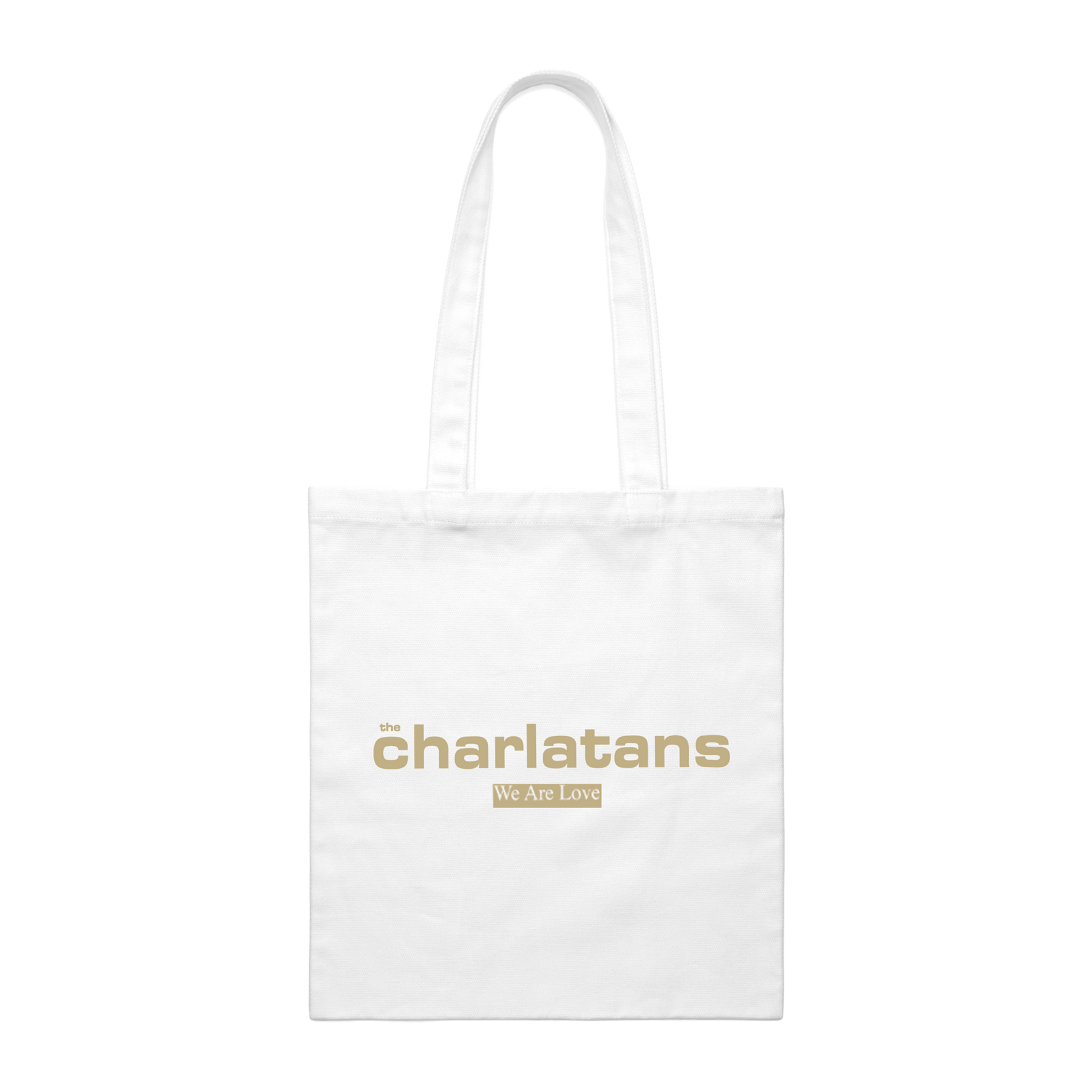 White tote bag with 'charlatans' logo on a white background