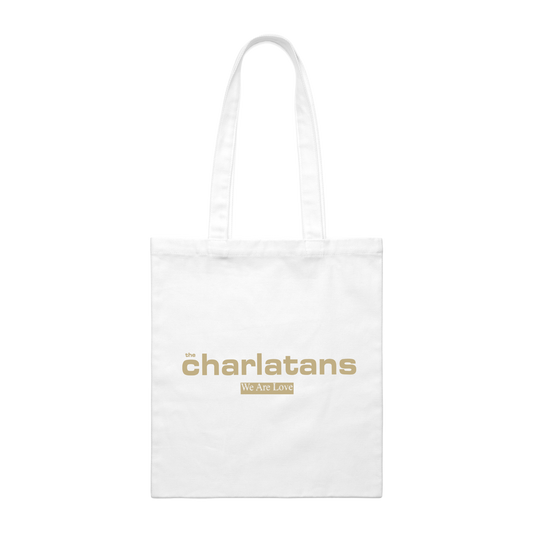 White tote bag with 'charlatans' logo on a white background