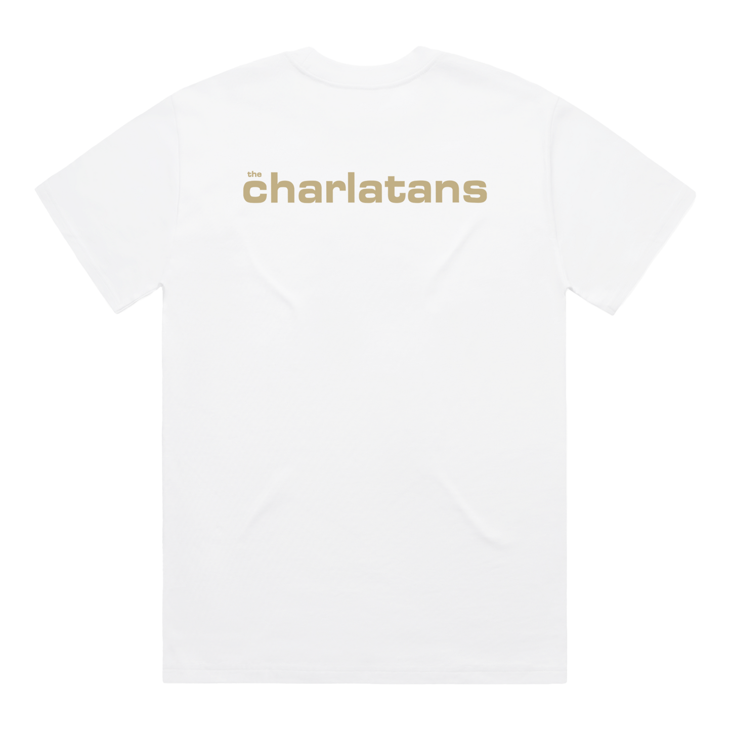 White t-shirt with 'charlatans' logo on a white background