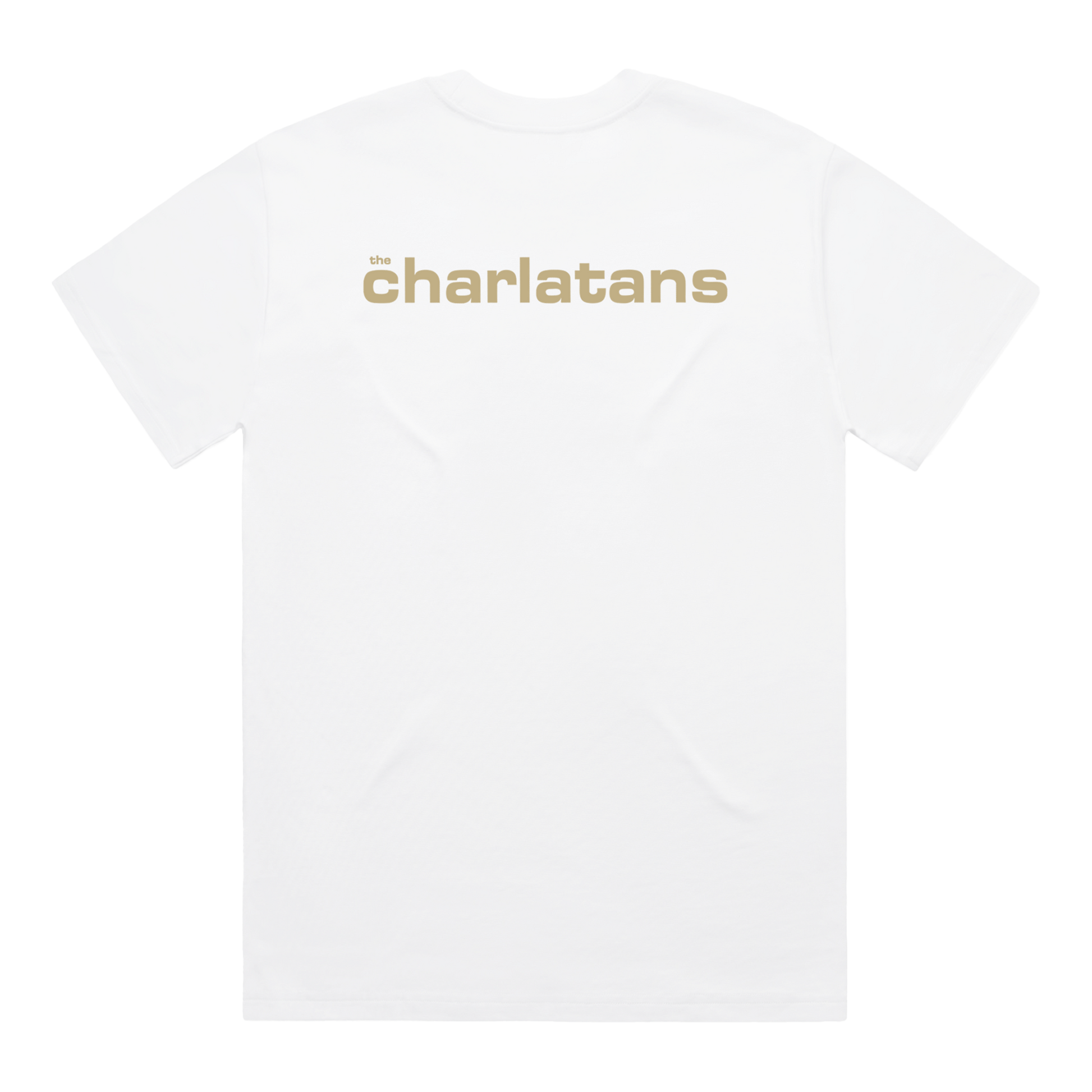 White t-shirt with 'charlatans' logo on a white background