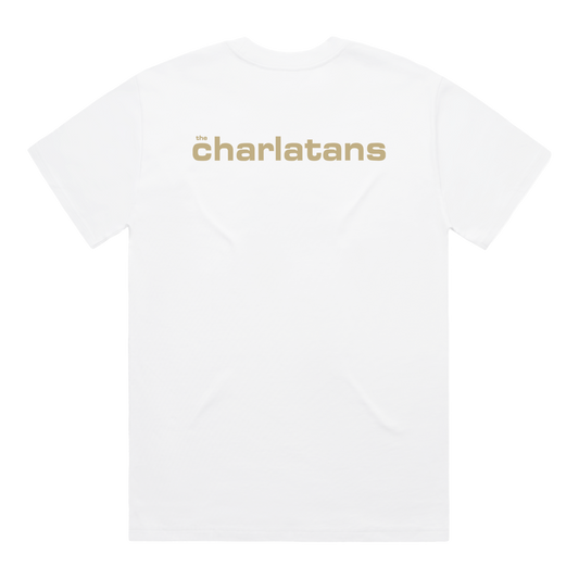 White t-shirt with 'charlatans' logo on a white background