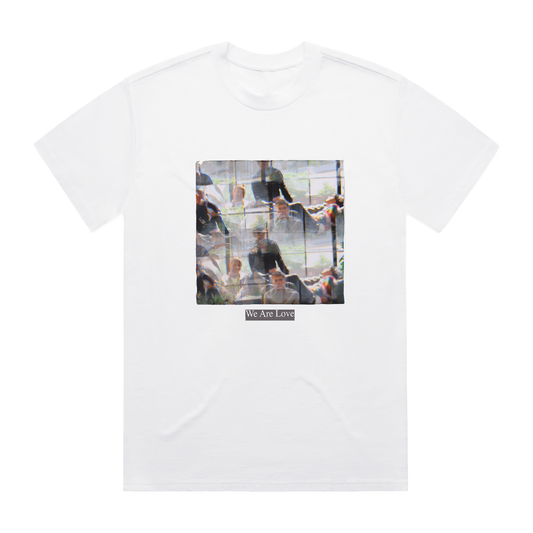 White t-shirt with a graphic design on a white background